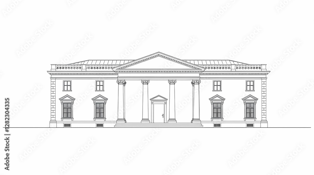 Fototapeta premium An elegant graphic with a brilliant white background, depicting a classical architectural rendering in grayscale, employing precise lines and architectural details, using a bl.