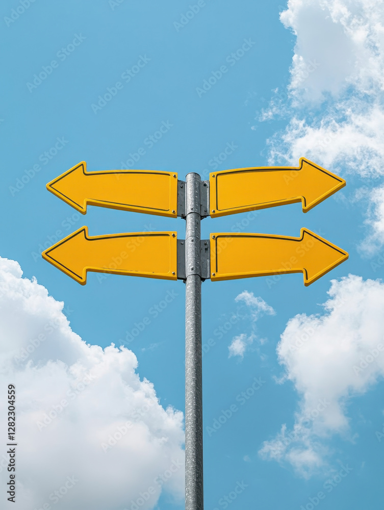 Yellow Directional Arrow Sign Against Blue Sky with White Clouds Yellow Directional Arrow Sign Against Blue Sky with White Clouds
