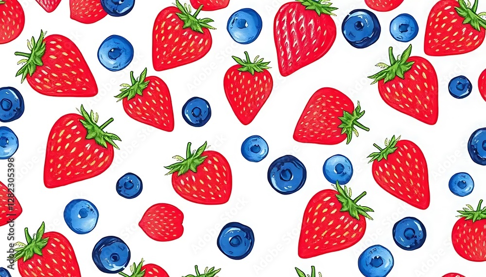 Pattern Featuring Fresh Strawberries and Blueberries on White Background Pattern Featuring Fresh Strawberries and Blueberries on White Background
