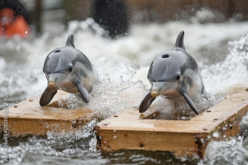 Dolphins leap from water while engaging in playful activity on a wooden platform in a marine habitat during daytime photo