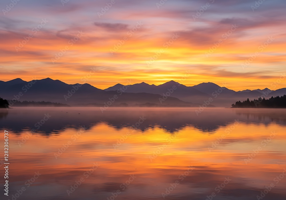 Fototapeta premium Sunrise Reflecting on Lake with Mountains in the Background Nature Scene