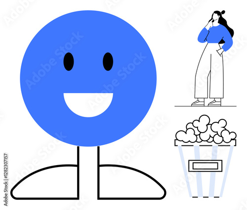 Blue smiling face next to a person thinking while holding a smartphone and a container of popcorn. Ideal for entertainment, relaxation, fun, happiness, leisure, social activities, contentment themes