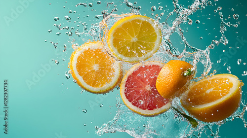 Splashing citrus fruits mid-air with water droplets against gradient turquoise backdrop for beverage marketing