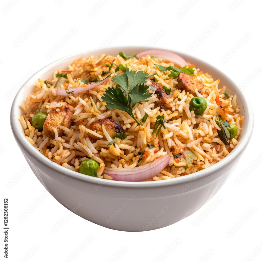 bowl filled with veg biryani on white background bowl filled with veg biryani on white background