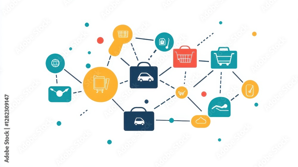 Distribution network flat design side view retail theme cartoon drawing Split-complementary color scheme. Distribution network flat design side view retail theme cartoon drawing Split-complementary color scheme.
