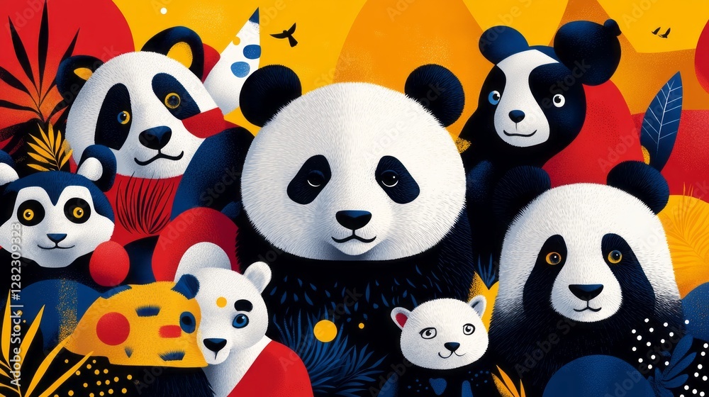 An artistic depiction of numerous panda characters in varied poses An artistic depiction of numerous panda characters in varied poses