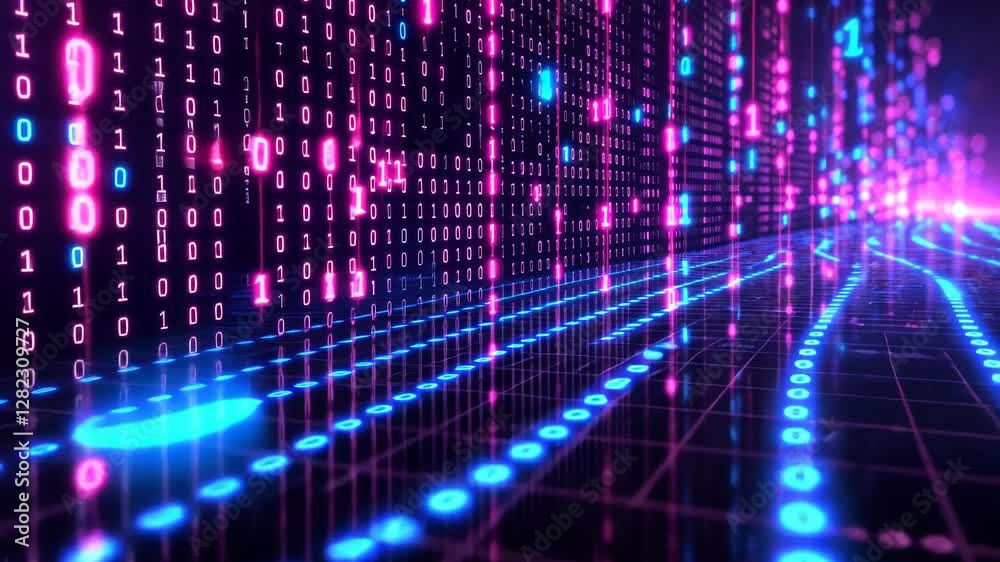 Futuristic digital data stream flowing on a neon illuminated surface. Futuristic digital data stream flowing on a neon illuminated surface.