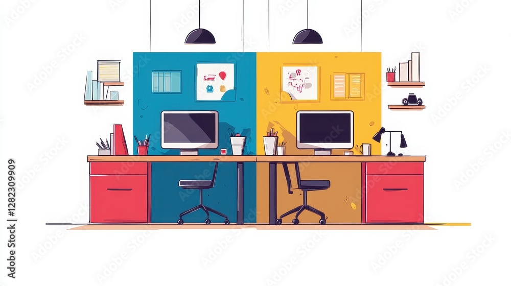 Distribution network flat design side view retail theme cartoon drawing Split-complementary color scheme. Distribution network flat design side view retail theme cartoon drawing Split-complementary color scheme.