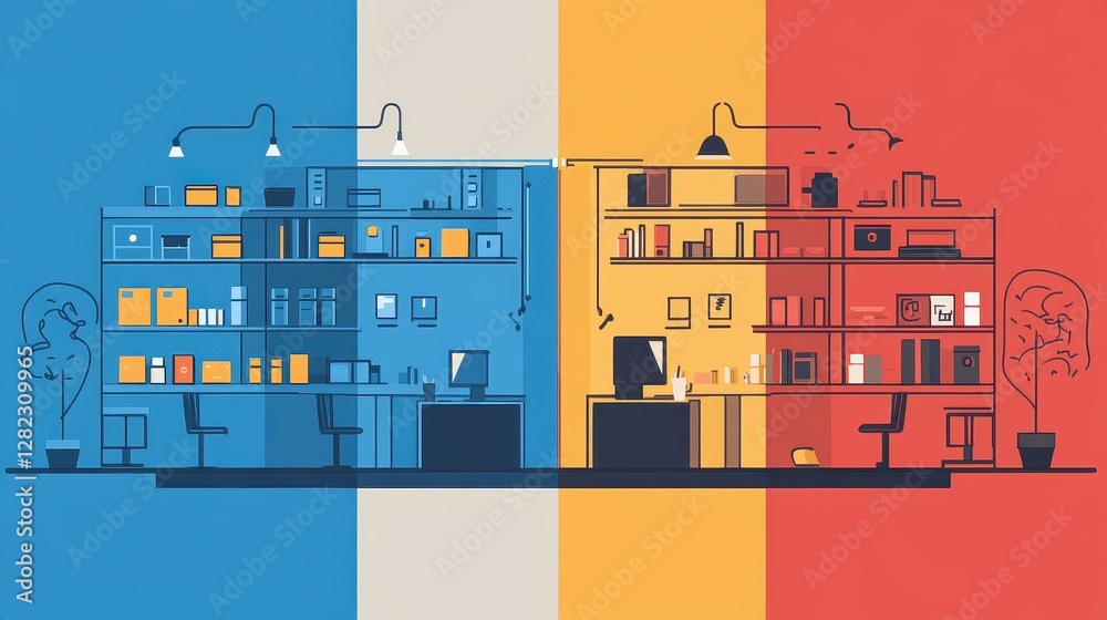 Distribution network flat design side view retail theme cartoon drawing Split-complementary color scheme. Distribution network flat design side view retail theme cartoon drawing Split-complementary color scheme.