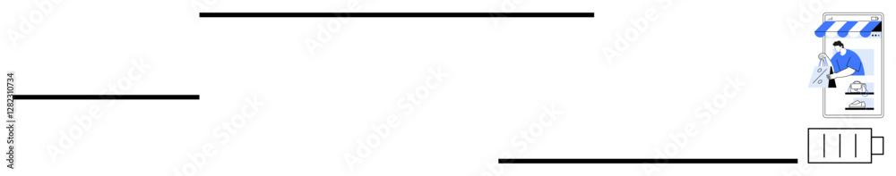 Bar line graphs symbolize business metrics. A worker helps a customer with online shopping at a store. Battery icon signifies energy levels. Ideal for business, analytics, technology, customer care Bar line graphs symbolize business metrics. A worker helps a customer with online shopping at a store. Battery icon signifies energy levels. Ideal for business, analytics, technology, customer care