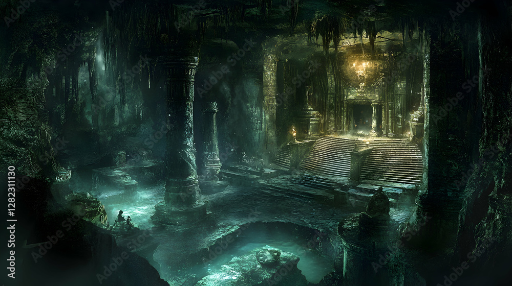 Subterranean cavern system illuminated by mineral deposits and archaeological artifacts Subterranean cavern system illuminated by mineral deposits and archaeological artifacts