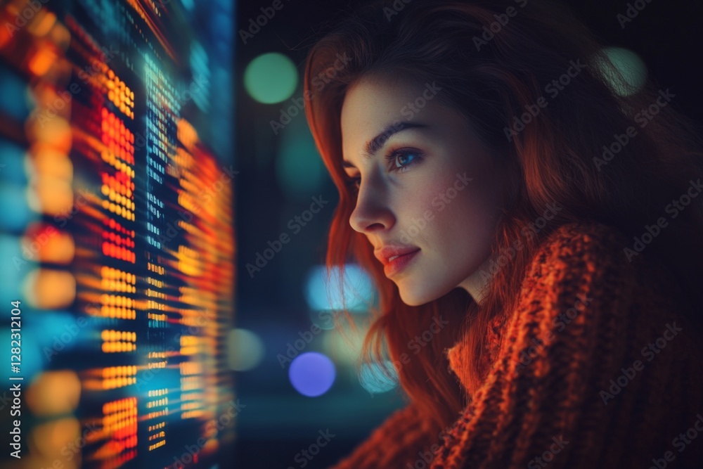 Woman engaged in focused analysis of digital data visualization at night in an urban environment Woman engaged in focused analysis of digital data visualization at night in an urban environment