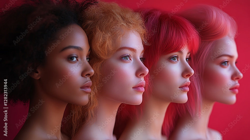 Obraz premium Mannequin Heads with Diverse Hairstyles Against Red Background