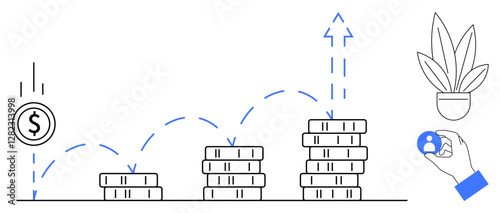 Stacked coins increasing in height symbolize financial growth, with dollar coin investments. Hand holding person icon represents human resources. Plant indicates growth. Ideal for finance, business