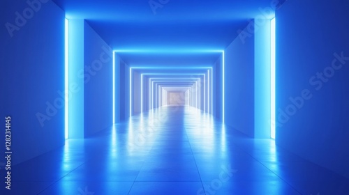 Blue Neon Light Tunnel Leading into the Distance with a Modern Geometric Design