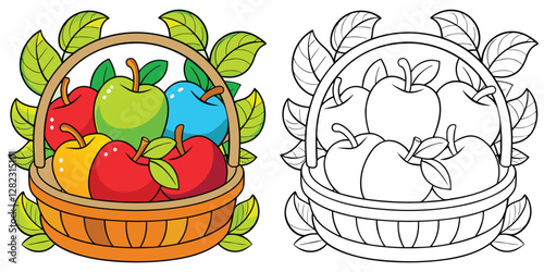 Colorful Apples In Basket Coloring Page For Kids Printable With Outline Vector On White Background