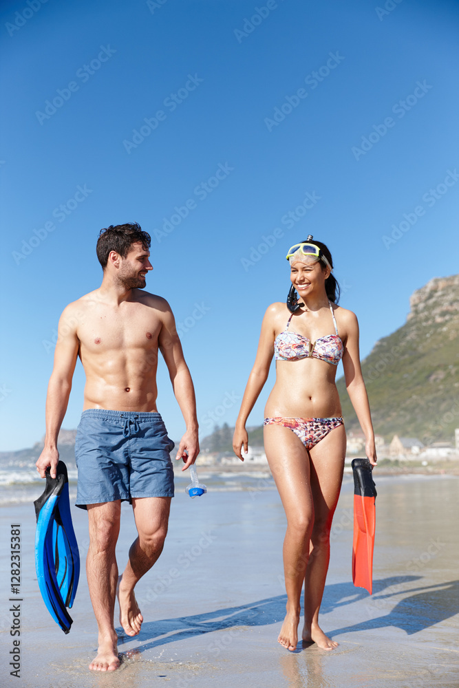 Fototapeta premium Happy couple, beach and walking with snorkeling gear for sea adventure, journey or fun water expedition. Man, woman or lovers with smile or equipment in swimwear on ocean coast for exploration trip
