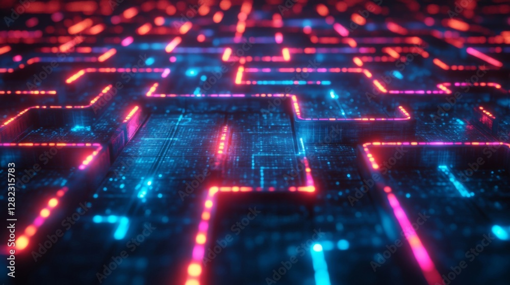 Abstract Digital Network Background with Blue and Red Glowing Lines and Grid Abstract Digital Network Background with Blue and Red Glowing Lines and Grid