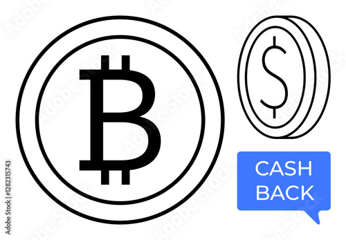 Bitcoin and dollar coin outlines with cash back text bubble. Ideal for finance, cryptocurrency, digital transactions, rewards programs, online payments, economic concepts, fintech marketing. Abstract