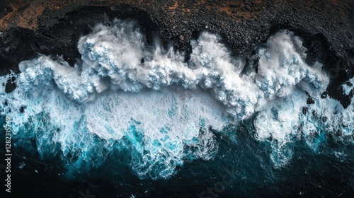 Aerial view of waves crashing against rocky coastline, nature, ocean, beach
