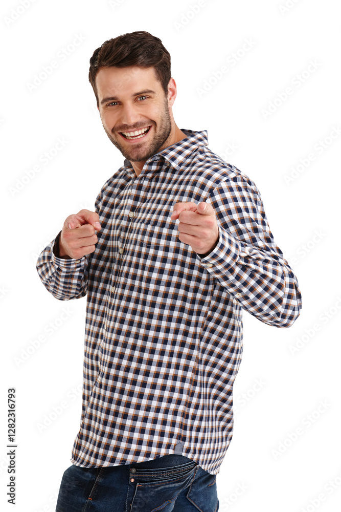 Man, portrait and fingers pointing in studio, cool and confident with decision on white background. Happy person, promotion and choosing you for winning opportunity, gesture and direction with option Man, portrait and fingers pointing in studio, cool and confident with decision on white background. Happy person, promotion and choosing you for winning opportunity, gesture and direction with option