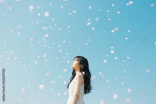 桜吹雪と女性、春、青空