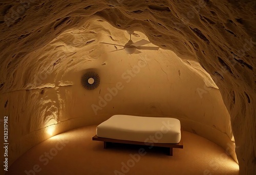 an image of a bed in a cave with a ceiling fan, there is a bed in a cave with a ceiling fan photo