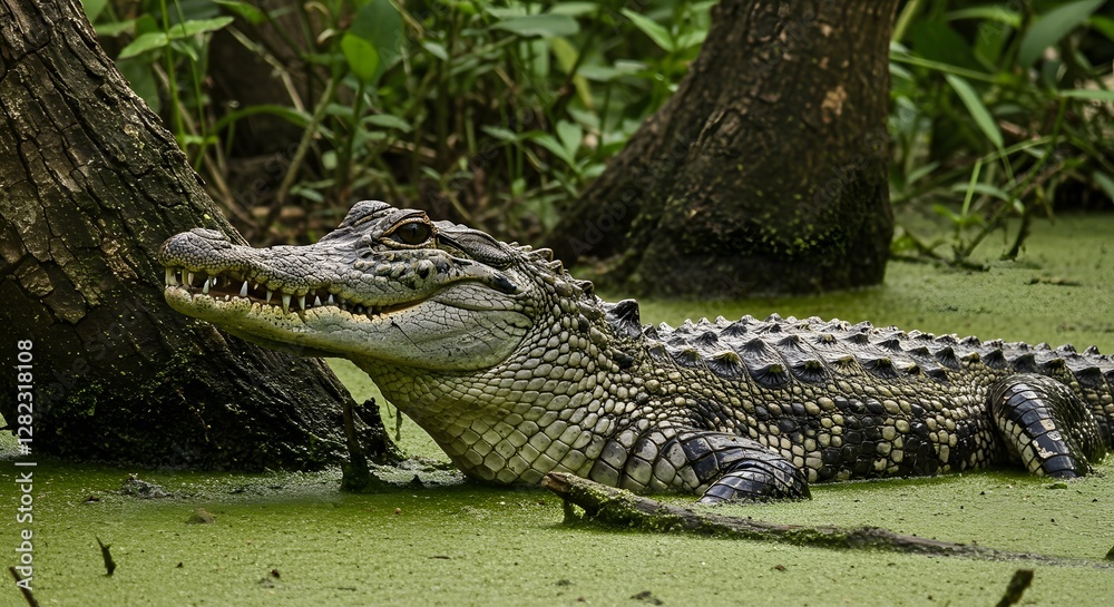 Obraz premium Behold, the ancient enigma unfolds as a majestic alligator reigns within a swamp’s shadowy depths, its cunning presence entwined with tangled roots and still waters, captured in a low-angle shot,