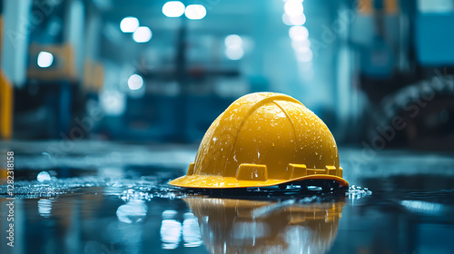 Yellow Safety Helmet: An abandoned yellow safety helmet floats in a puddle within an industrial environment, hinting at unseen hazards and the need for caution.