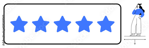 Five blue stars arranged in a row inside a bordered rectangle. Person standing thoughtfully to the right. Ideal for customer feedback, reviews, evaluation, quality assessment, satisfaction