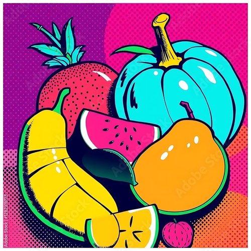 A colorful still life shows various fruits of different kinds
