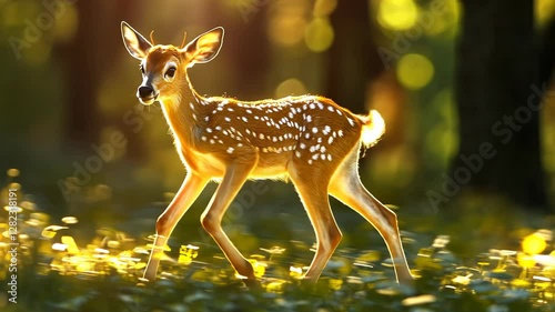 Whitetail fawn running through sunlit forest.