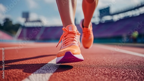 Running legs and shoes sprinting on the track towards the camera photo