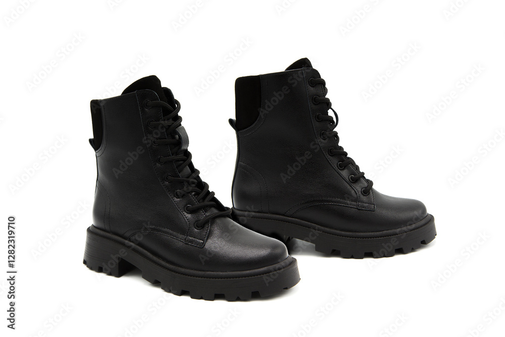 Fashionable leather lace-up boots with heels isolated on white background. View from all sides. Zipper clasp. Fashionable leather lace-up boots with heels isolated on white background. View from all sides. Zipper clasp.