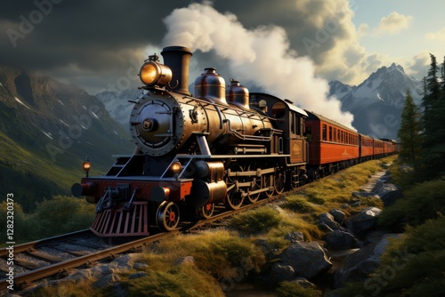 A classic steam locomotive chugging through a mountainous area