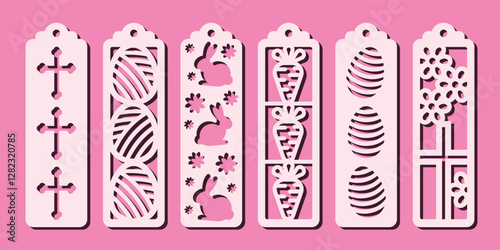Set of vertical bookmarks with Easter pattern. Vector designs witn cross, eggs, bunny and carrot. Laser cut template. Decorative bookmark stencil for paper, wood and metal cutting