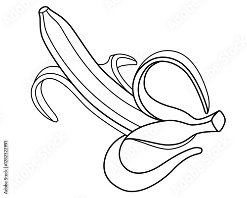 Banana open with peel. Ripe peeled banana - tropical fruit - vector linear illustration for coloring. A juicy healthy fruit - healthy food and vegan. Exotic food. Outline.	