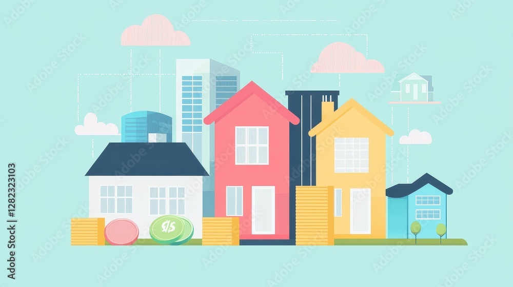 Real estate investment infographic flat design side view property market theme animation colored pastel. Real estate investment infographic flat design side view property market theme animation colored pastel.