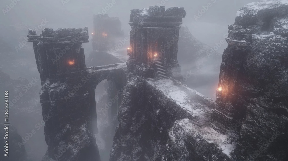 Fototapeta premium Misty Dark Stone Castle with Ancient Towers and Medieval Architecture