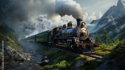 A classic steam locomotive chugging through a mountainous area