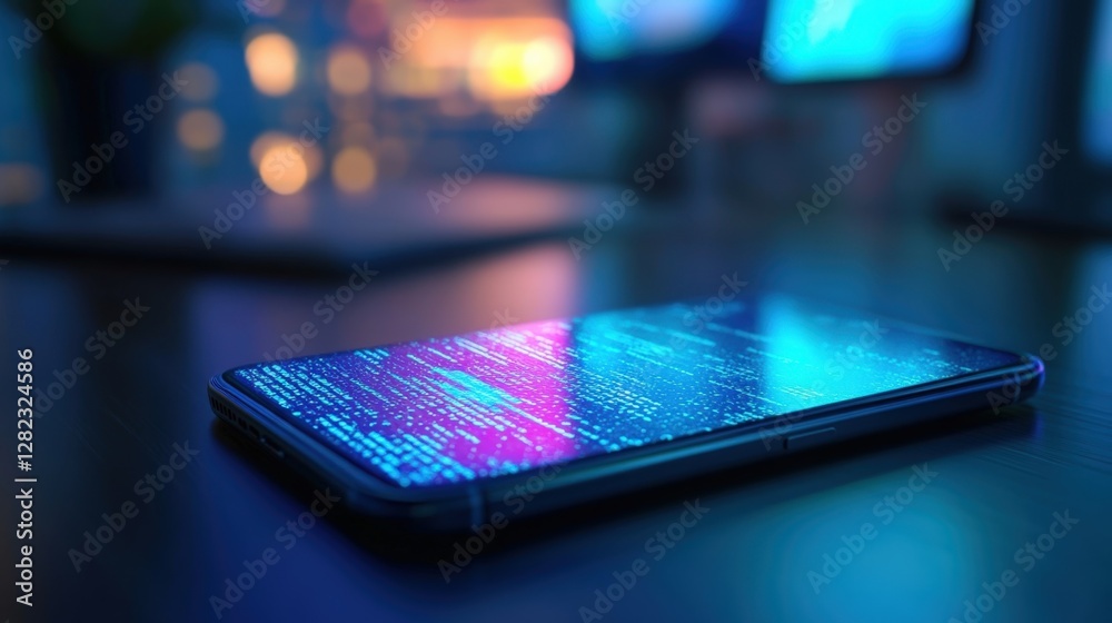 Program code running on a smartphone screen on a desk in a dark room at night, with computer monitors in the background, illustrating software development and cyber security