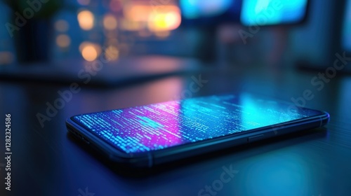 Program code running on a smartphone screen on a desk in a dark room at night, with computer monitors in the background, illustrating software development and cyber security