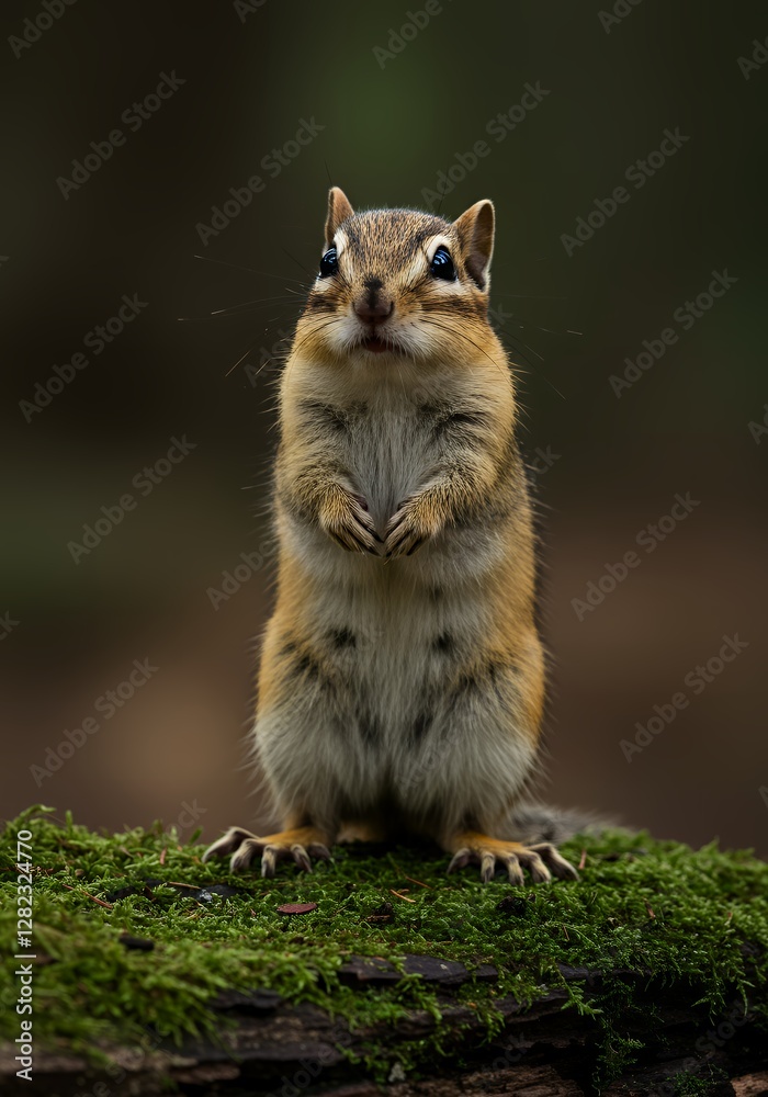 A curious chipmunk stands on its hind legs atop a mossy log, its tiny hands held close to its chest. Its twitching nose and wide eyes give it a look of pure curiosity and excitement. A curious chipmunk stands on its hind legs atop a mossy log, its tiny hands held close to its chest. Its twitching nose and wide eyes give it a look of pure curiosity and excitement.