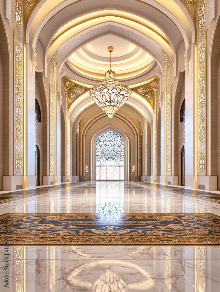 Obraz premium Ornate corridor with gold accents and chandelier, grand architecture and detailed patterns on walls and ceiling reflected in the polished floor