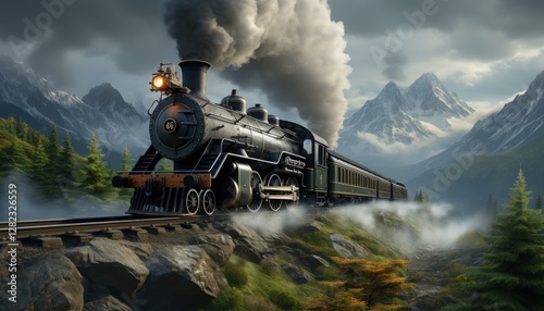 A classic steam locomotive chugging through a mountainous area