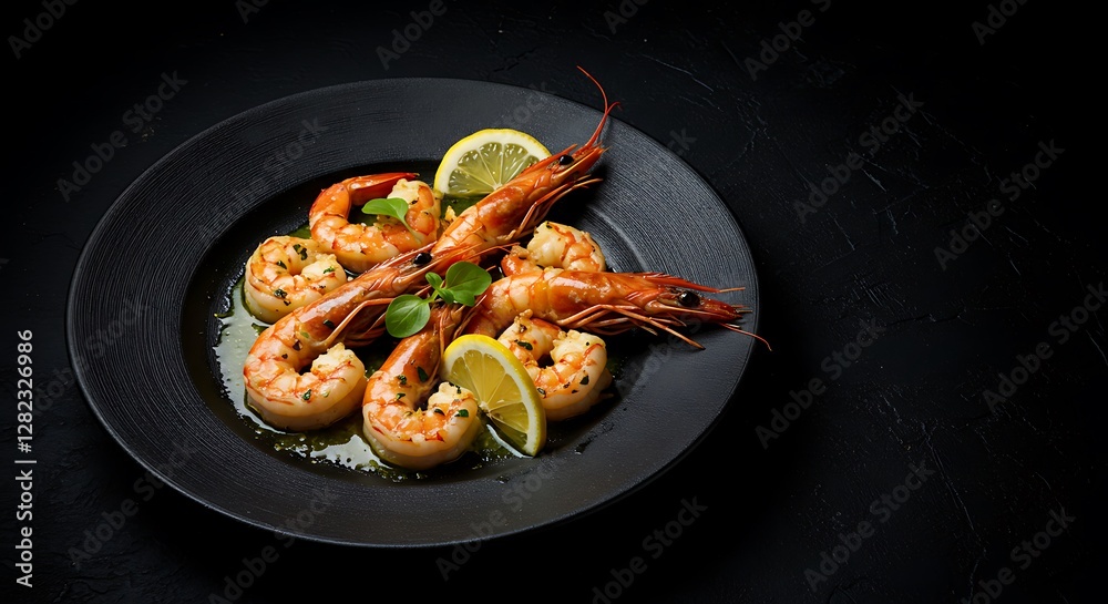 Delicious Grilled Shrimp Scampi on Black Plate with Lemon Wedges Delicious Grilled Shrimp Scampi on Black Plate with Lemon Wedges