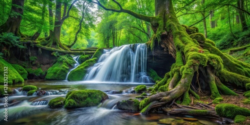 Water cascading down surrounded by vibrant green foliage next to a large fallen tree with roots exposed and moss growing on them, forest, waterfalls