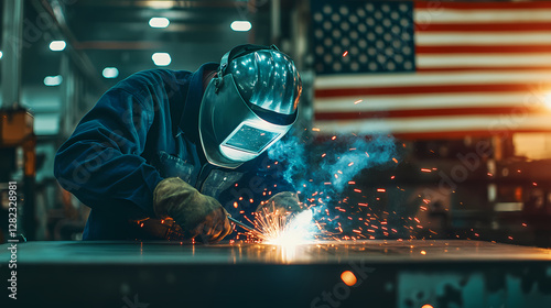Welder at Work: A skilled welder in a protective mask meticulously works with sparks flying in a factory setting.