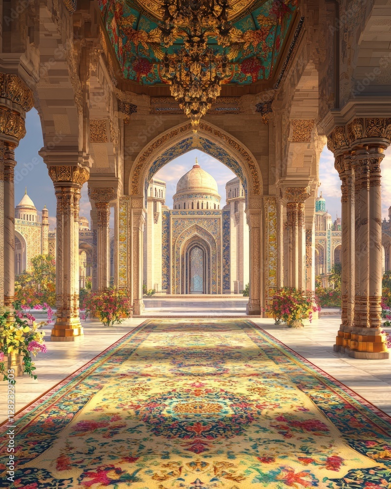 Obraz premium Luxurious interior with arched walkways and detailed carpet leading to a grand dome building under bright sunlight. Floral and decorative elements enhance the architectural beauty