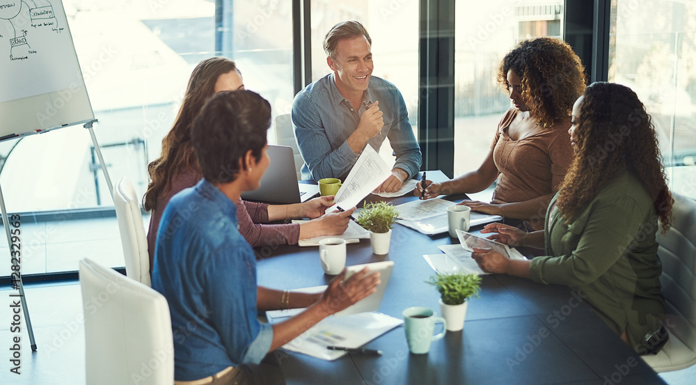 Obraz premium Business people, documents and happy at meeting with finance, budget or team with collaboration at startup. Men, women and planning with smile, results or review for revenue with diversity at company
